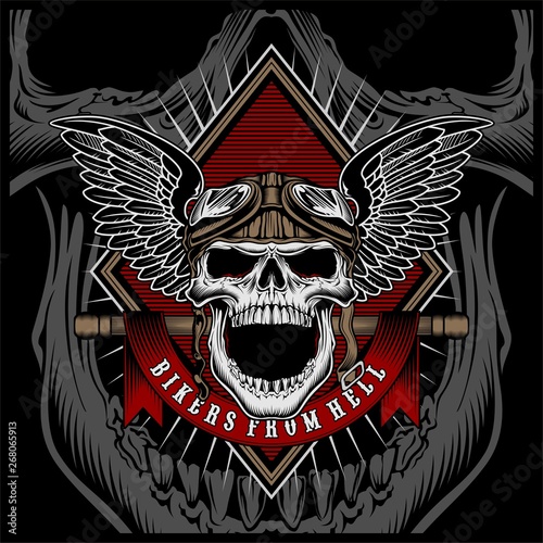 Vector illustration Vintage motorcycle skull, motorcycle engines and wing in helmet