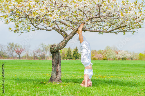Woman is practicing yoga, doing Salamba Sirsasana exercise, standing in headstand pose near tree