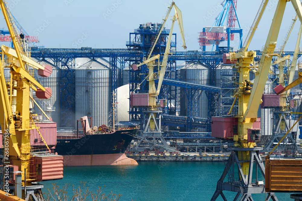 Industrial port, infrastructure of seaport, cranes and dry cargo ships