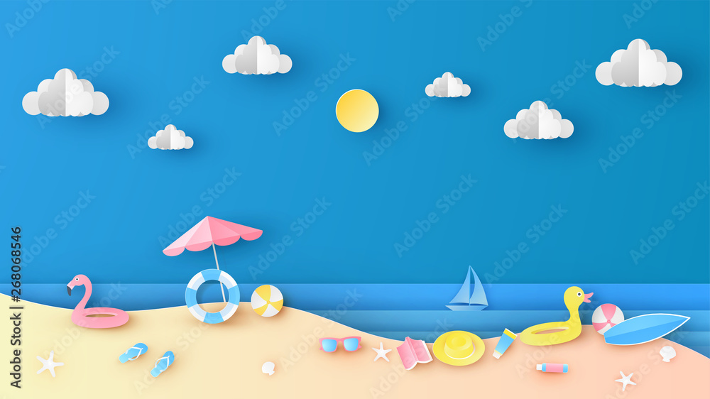 Sea view in summer with water play equipment placed on the beach. Summer time. paper cut and craft style. vector, illustration.