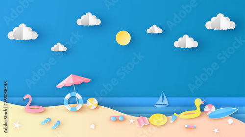 Sea view in summer with water play equipment placed on the beach. Summer time. paper cut and craft style. vector, illustration.