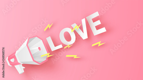 Announce of love with a megaphone in Valentine's day. Valentine's greeting card design. paper cut and craft style. vector, illustration.