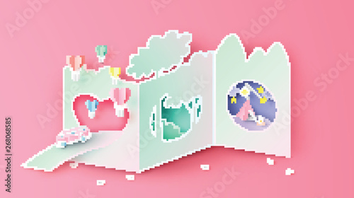 Landscape view scene in paper die-cut brochure style on Valentine's day. paper cut and craft style. vector, illustration.