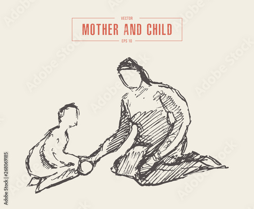 Mother playing child, hand drawn vector sketch