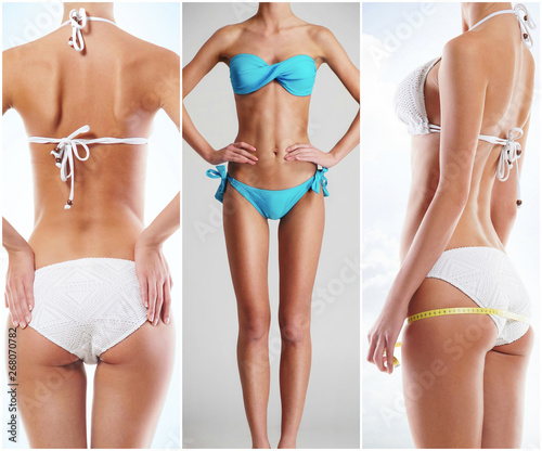 Collage of a fit female body in underwear. Health, sport, fitness, nutrition, weight loss, diet, cellulite removal, liposuction, healthy life-style.