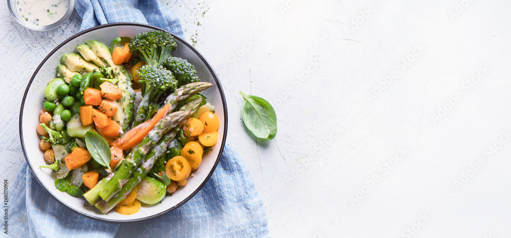 Vegetarian buddha bowls. Panorama, banner with copy space