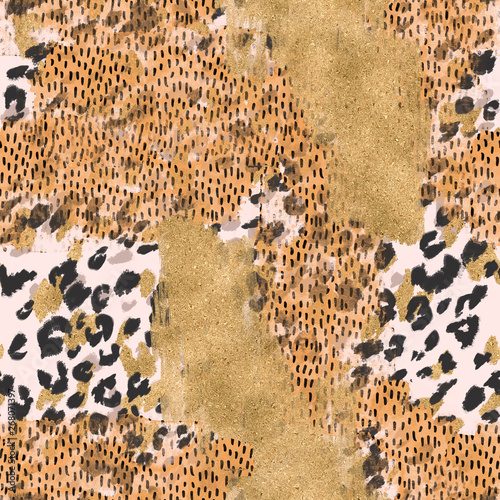 Abstract seamless pattern: watercolor rough brush strokes, grunge, shiny gold foil textures, animal skin print background photo