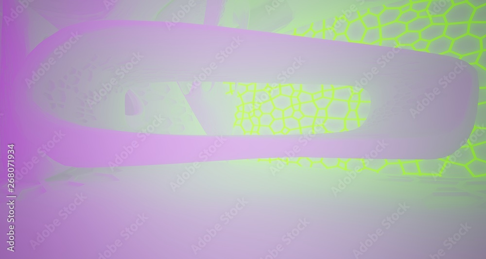 Abstract  white Futuristic Sci-Fi interior With Pink And Green Glowing Neon Tubes . 3D illustration and rendering.