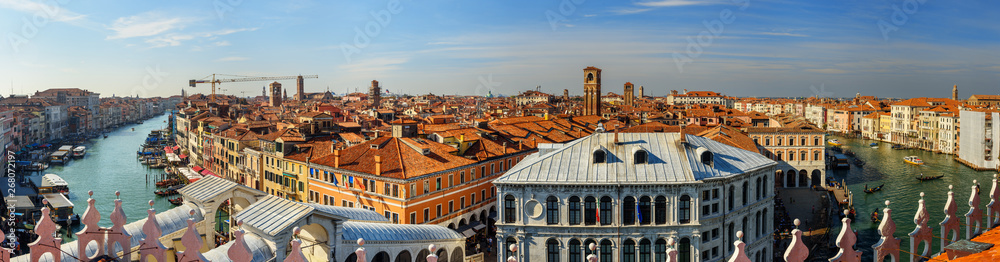 Panorama view of Grand canal from roof of Fondaco dei Tedeschi. Venice. Italy