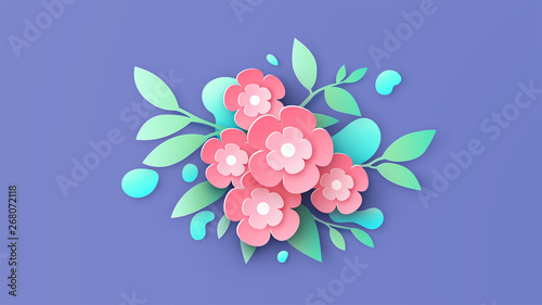 Illustration of paper art flowers and water droplets placed on background. Graphic design for spring season. paper cut and craft style. vector, illustration.