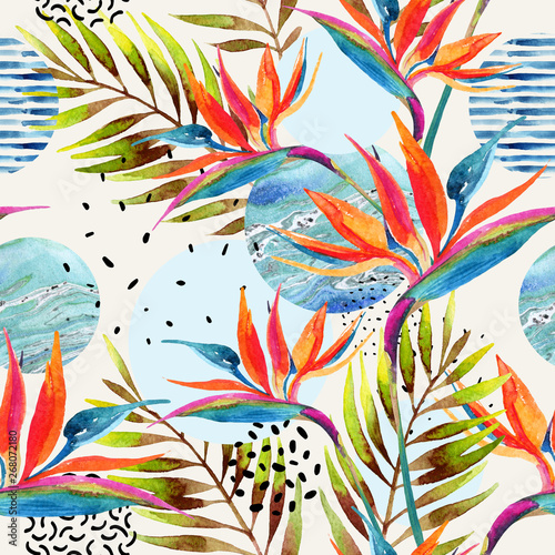 Geometric shapes with watercolor flowers, palm leaves, marble, grunge texture