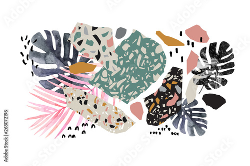 Tropical watercolor leaves, turned edge geometric shapes, terrazzo flooring elements collage