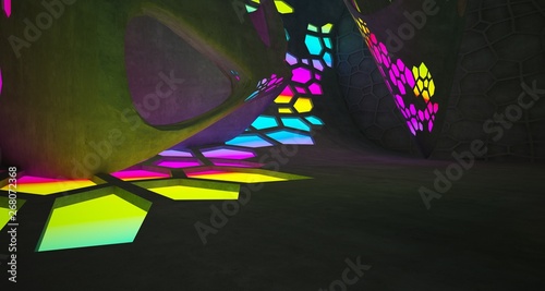 Abstract Concrete Futuristic Sci-Fi interior With Gradient Glowing Neon Tubes . 3D illustration and rendering.