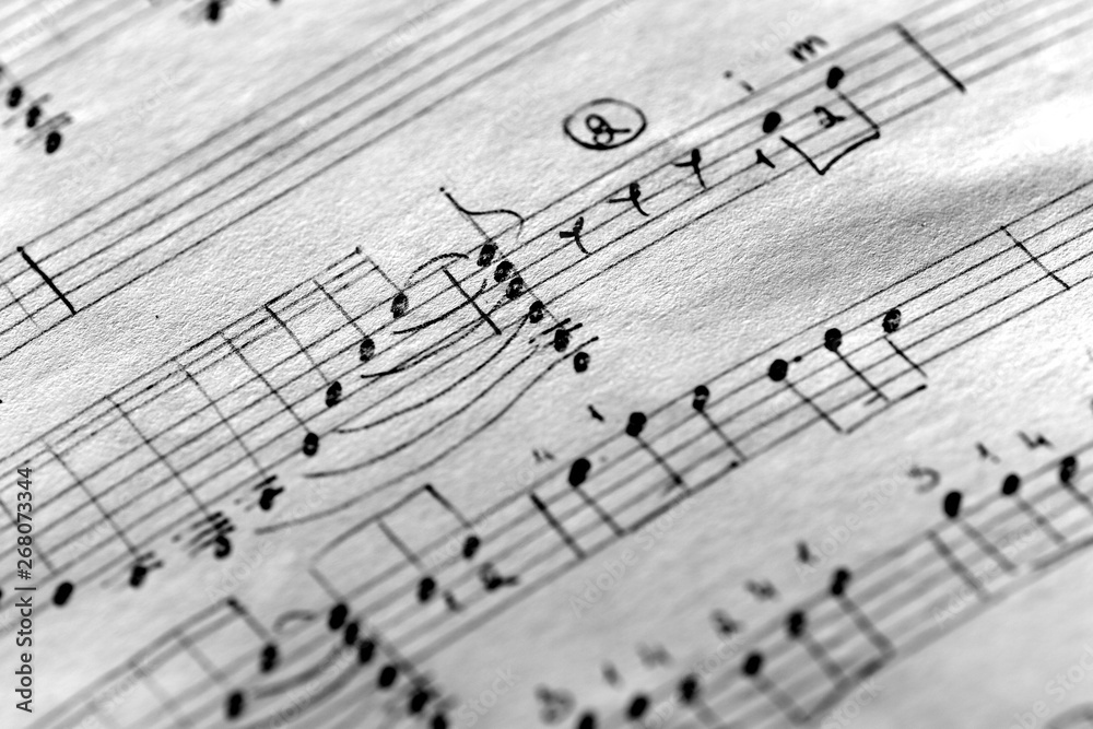 Fototapeta premium Page of an old musical notebook with hand written notes close up. Black and white