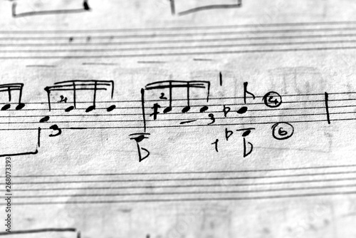 Page of an old musical notebook with hand written notes close up. Black and white