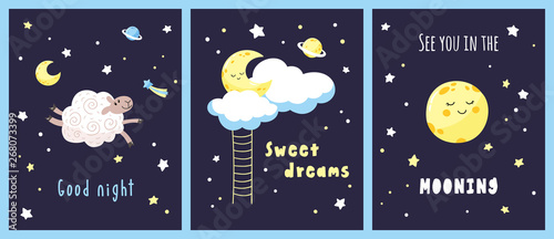 Set of night cards with cute cartoon characters and inscriptions in the starry sky. Vector template.