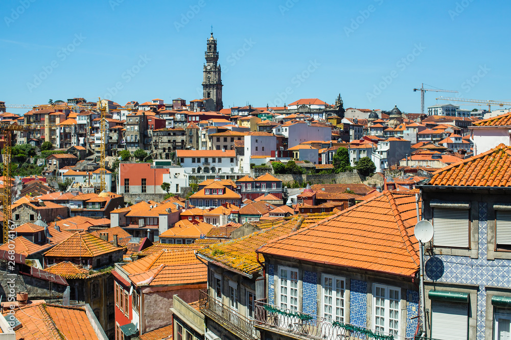 View of the roofs of residential buildings in the old city center of Porto, Portugal.