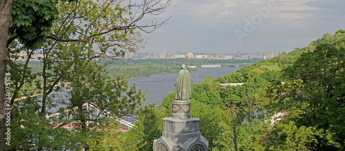 View of the Dnieper River and the Monument to Prince Vladimir in Kiev on a spring day