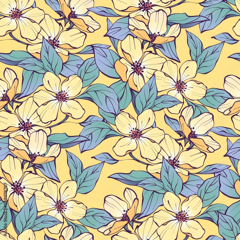 Obraz premium Seamless floral pattern with yellow flowers. Spring colorful background