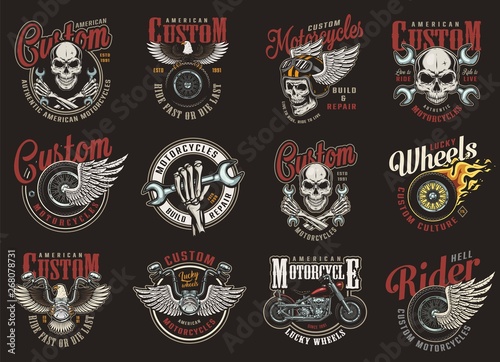 Vintage colorful motorcycle repair service logos