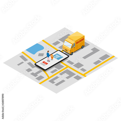 Isometry express cargo delivery route navigation map of the city, smartphone, van delivery