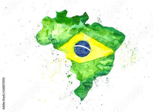 Watercolor illustration hand draw map of Brazil in the colors of the flag with splashes