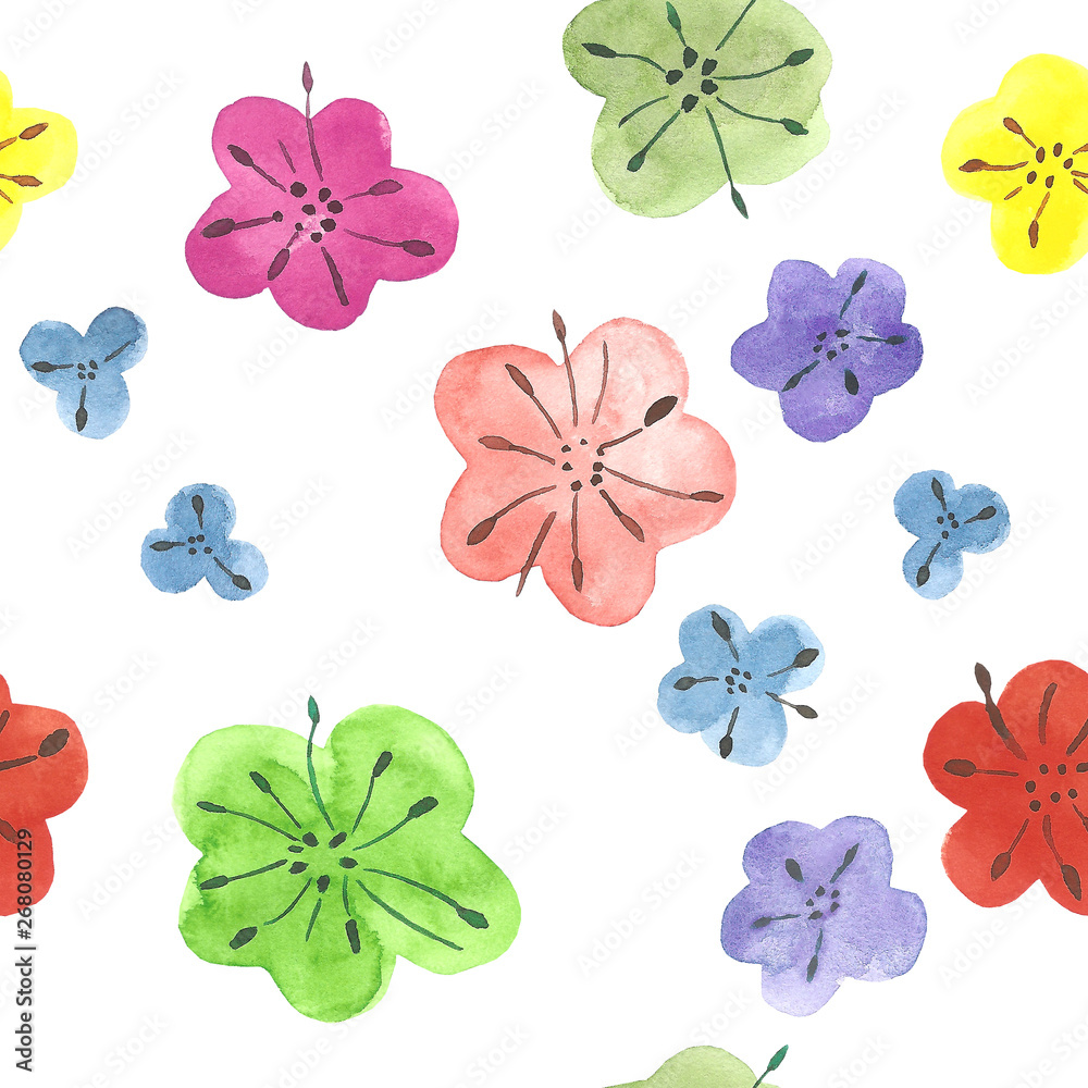 Seamless watercolor pattern with multicolored flowers on white