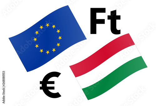 EURHUF forex currency pair vector illustration. EU and Hungarian flag, with Euro and Forint symbol.