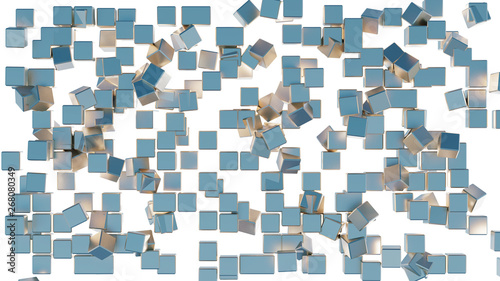 Mess in a grid of lots of golden and blue cubes
