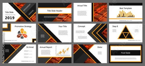 Vector illustration Powerpoint presentation templates set with golden elements background. Keynote presentation backgrounds. Brochure design, website slider, landing page design, annual report