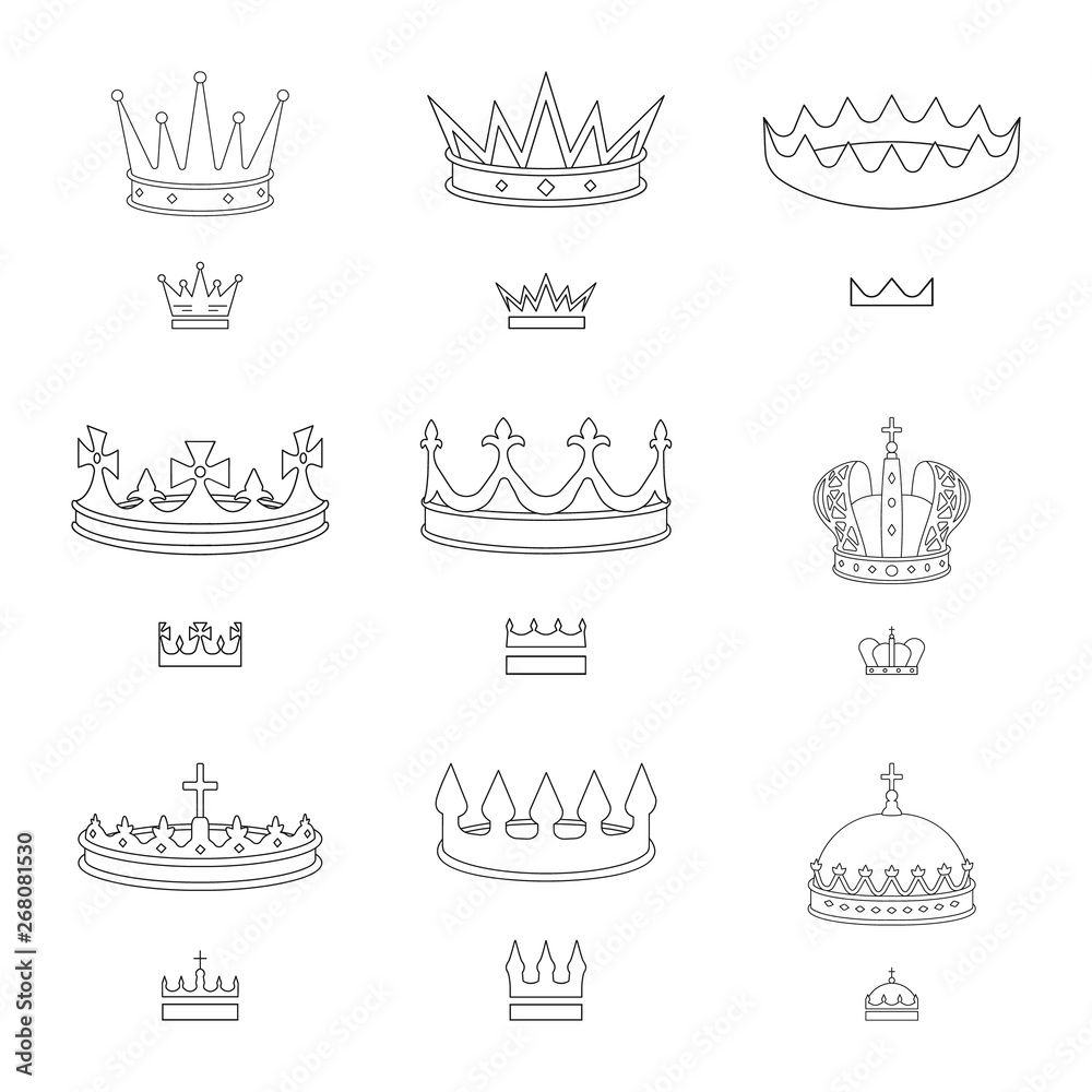 Vector illustration of queen and heraldic symbol. Set of queen and vip vector icon for stock.