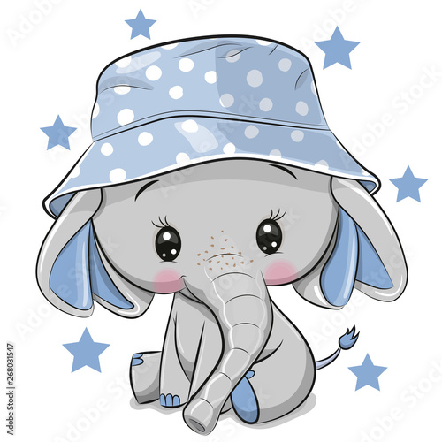 Cute Elephant in panama hat isolated on a white background
