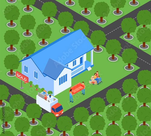 Flat Family Moves to New Home Vector Illustration.