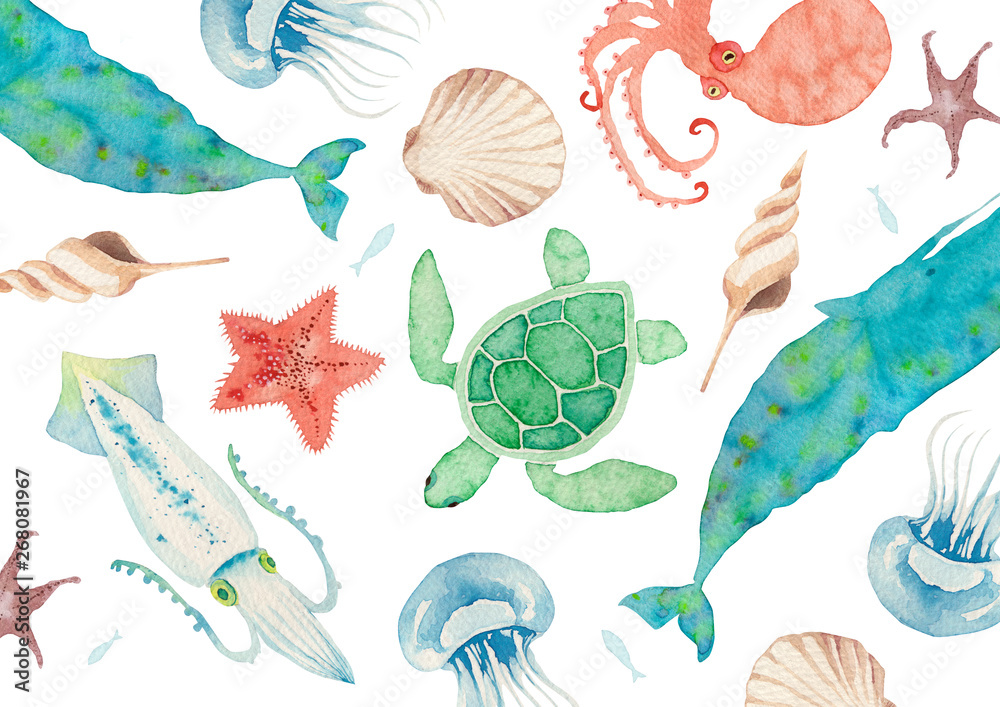 夏 背景 テキスタイル 海の生物 水彩 イラスト Stock イラスト Adobe Stock