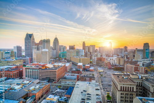 Aerial view of downtown Detroit at sunset in Michigan photo