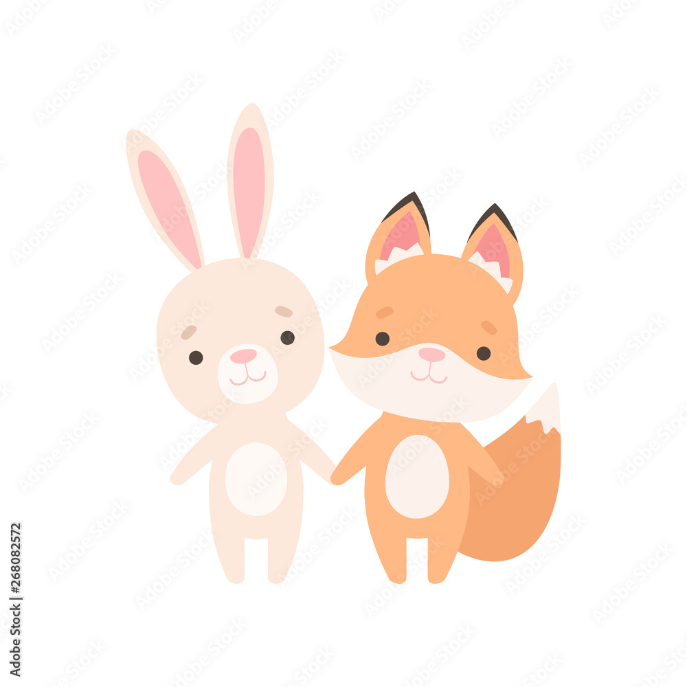 Lovely White Little Bunny and Fox Cub, Cute Best Friends, Adorable Rabbit and Pup Cartoon Characters Vector Illustration Lovely White Little Bunny and Fox Cub, Cute Best Friends, Adorable Rabbit and Pup Cartoon Characters Vector Illustration