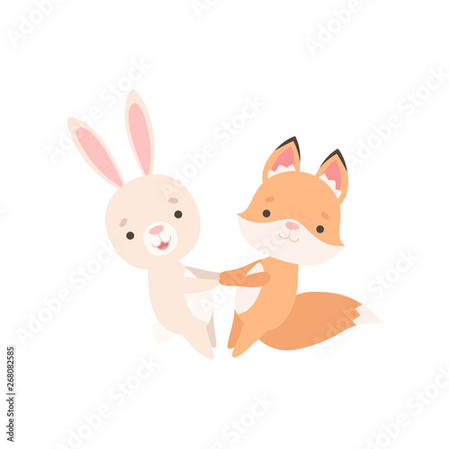 Lovely White Little Bunny and Fox Cub  Cute Best Friends Having Fun Together  Adorable Rabbit and Pup Cartoon Characters Vector Illustration