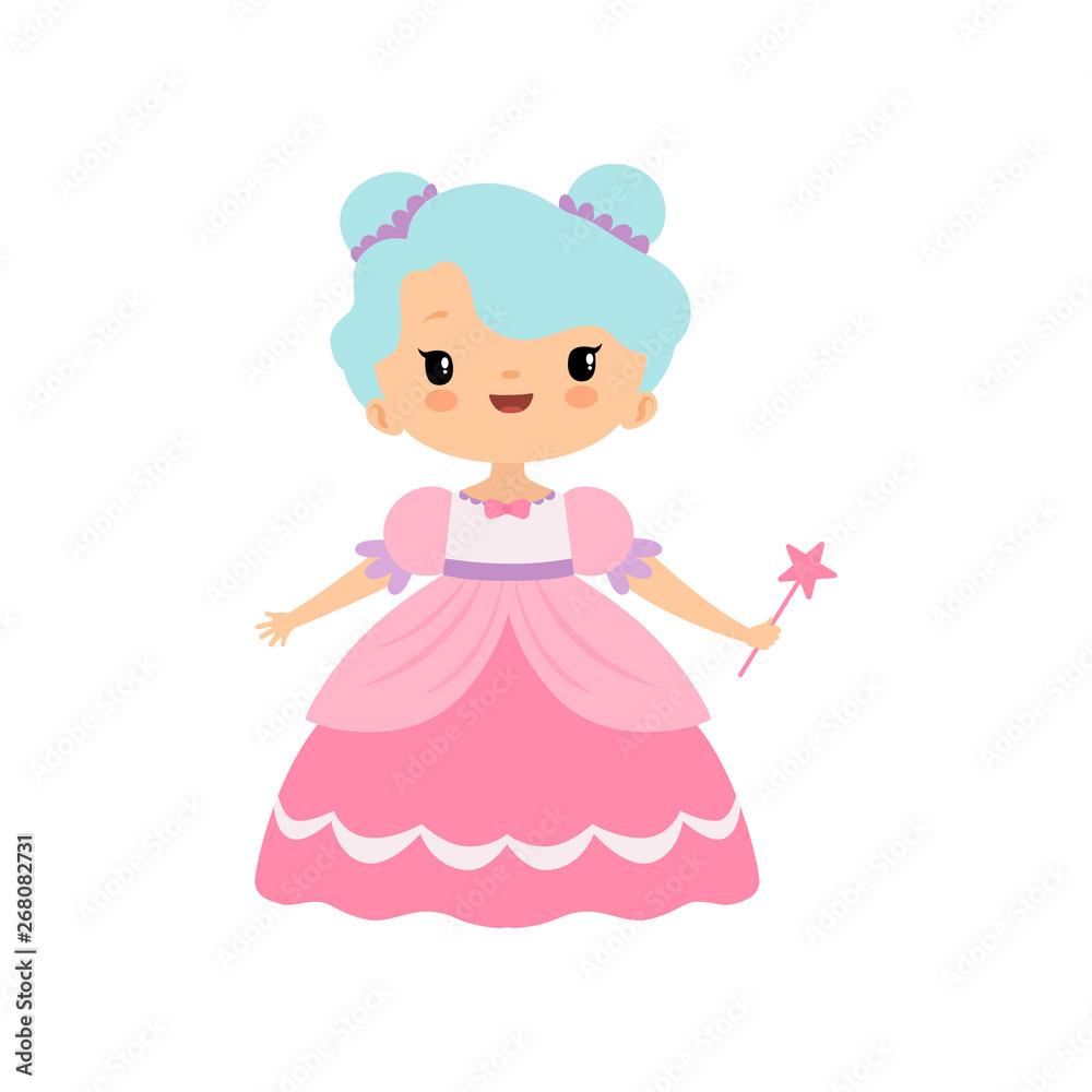 Cute Little Fairytale Princess Girl in Pink Dress with Magic Wand Cartoon Vector Illustration