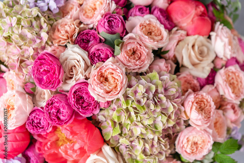 Close-up Large Beautiful bouquet of mixed flowers. Flower background and Wallpaper. Floral shop concept . Beautiful fresh cut bouquet. Flowers delivery