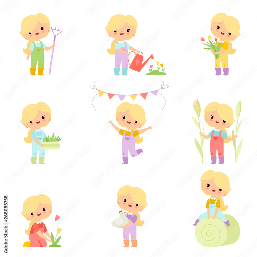 Cute Young Girl in Overalls and Rubber Boots Engaged in Agricultural Activities Set, Farmer Girl Cartoon Character Caring for Plants and Harvesting Vector Illustration Cute Young Girl in Overalls and Rubber Boots Engaged in Agricultural Activities Set, Farmer Girl Cartoon Character Caring for Plants and Harvesting Vector Illustration