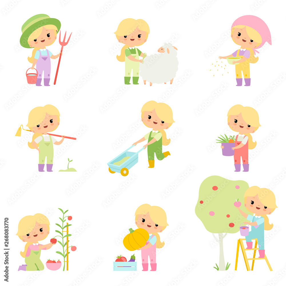 Cute Young Girl in Overalls and Rubber Boots Caring for Aimals and Plants Set, Farmer Girl Cartoon Character Engaged in Agricultural Activities Vector Illustration