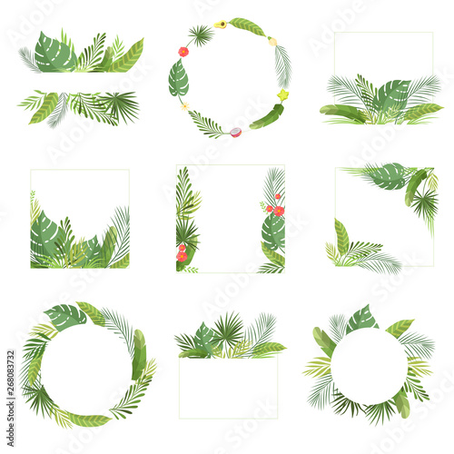 Tropical Leaves Frame with Space for Text Set, Banner, Rainforest Foliage Border, Poster, Wedding Invitation, Summer Greeting Card Design Element Vector Illustration