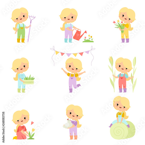Cute Young Girl in Overalls and Rubber Boots Engaged in Agricultural Activities Set, Farmer Girl Cartoon Character Caring for Plants and Harvesting Vector Illustration