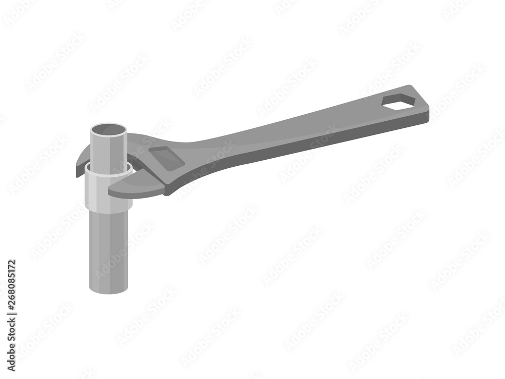 Adjustable wrench tightens the nut on the pipe. Vector illustration on white background. Adjustable wrench tightens the nut on the pipe. Vector illustration on white background.