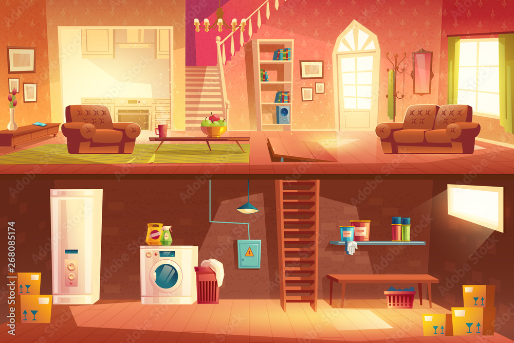 Home interior cross section with spasious hall, living room, kitchen, stairs on second floor, laundry in basement downstairs. Cottage apartment background with furniture. Cartoon vector illustration Stock Vector | Adobe Stock Home interior cross section with spasious hall, living room, kitchen, stairs on second floor, laundry in basement downstairs. Cottage apartment background with furniture. Cartoon vector illustration Stock Vector | Adobe Stock