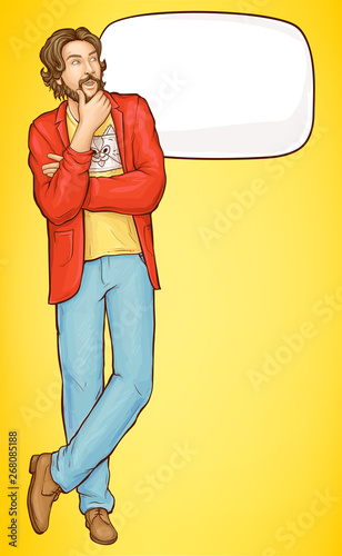 Bearded hipster man in fashioned clothing whats up to something with fingers at his lips and empty speech bubble. Pensive guy on yellow background in pop art retro comic book style vector Illustration