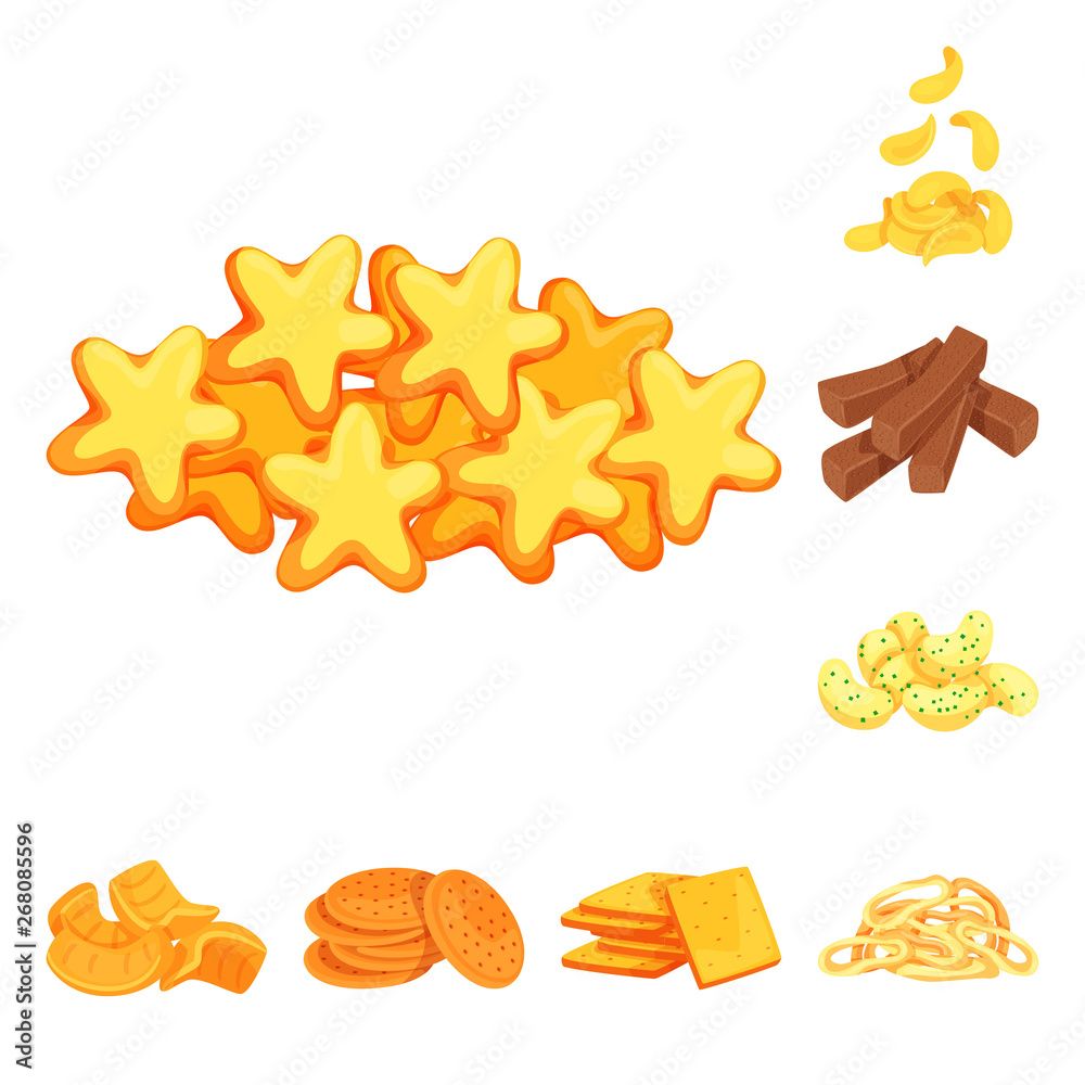 Isolated object of food and crunchy logo. Set of food and flavor vector icon for stock. Isolated object of food and crunchy logo. Set of food and flavor vector icon for stock.