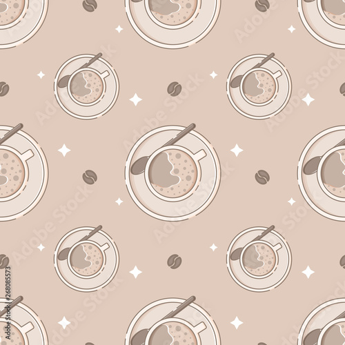 Seamless pattern with coffee mugs in flat linear style.