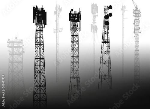 group with eight antenna tower silhouettes on grey