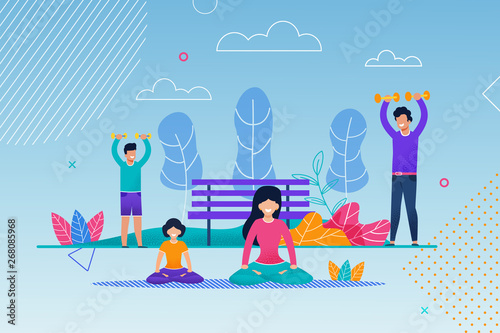 Happy Family Exercising in City Park Flat Cartoon